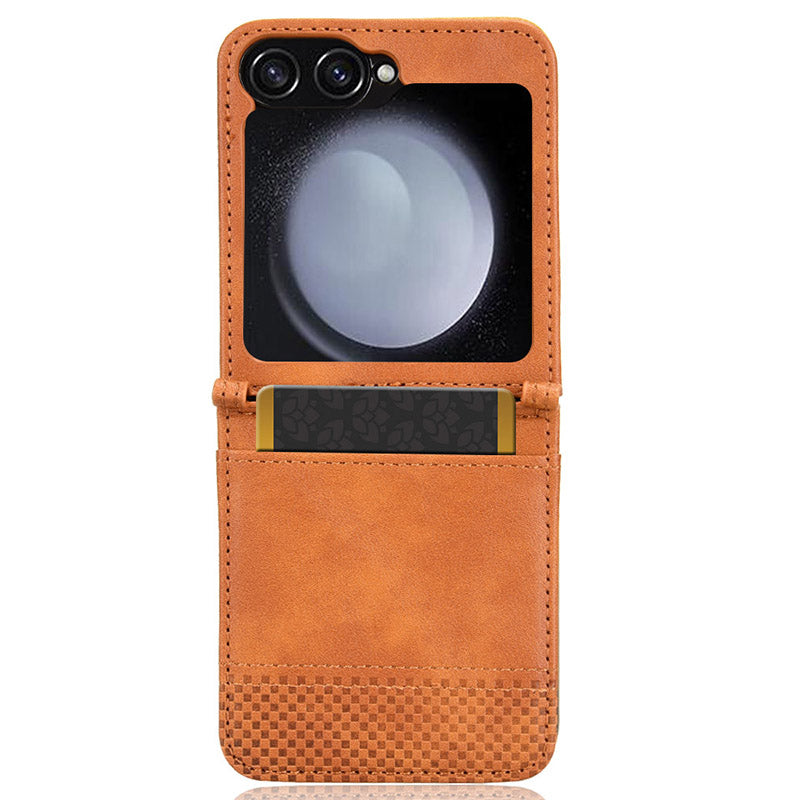 For Samsung Galaxy Z Flip6 5G Cover Retro Texture One-Piece Design PU Leather+PC Phone Case Shell with Card Slot - Brown For Samsung Galaxy Z Flip6 5G Cover Retro Texture One-Piece Design PU Leather+PC Phone Case Shell with Card Slot - Brown